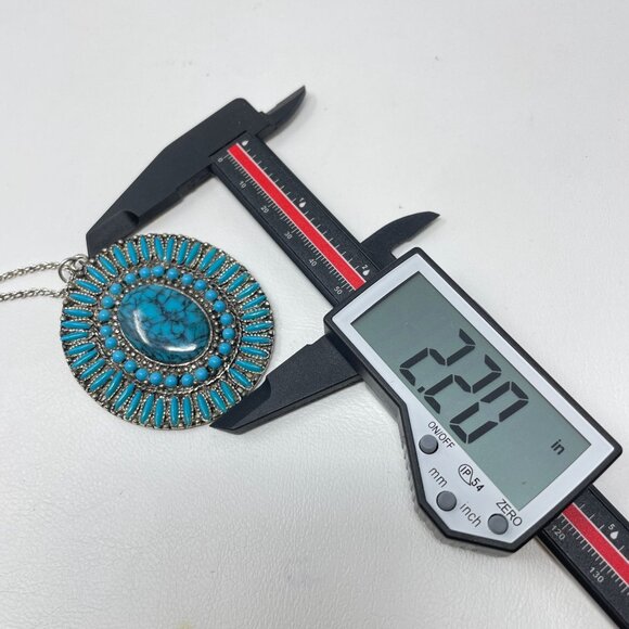 Petit Point Turquoise Blue Pendant Necklace Silver-Tone Long Southwest Western - Picture 12 of 12